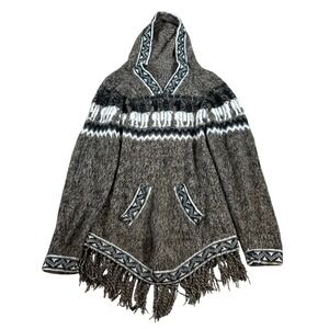 Native Arts Alpaca Acrylic Blend Hooded‎ Poncho Sweater Fringe Size Small